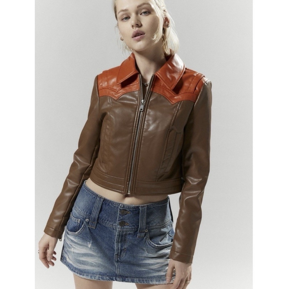 Silence‎ + Noise Mariah Faux Leather Western Jacket Size Medium Brown NWT